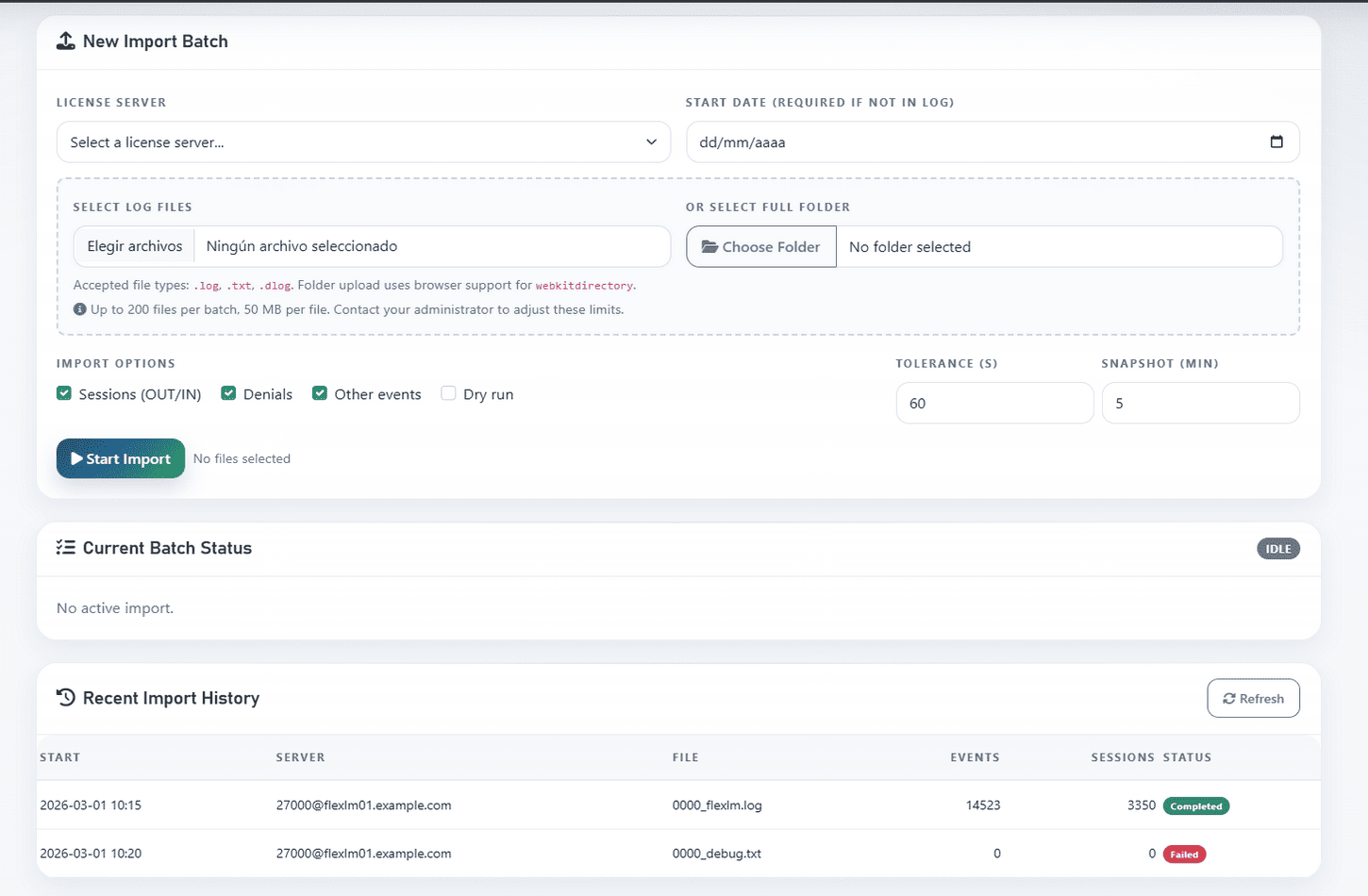 Log import page for uploading DSLS, FlexLM, RLM, LM-X, or generic logs