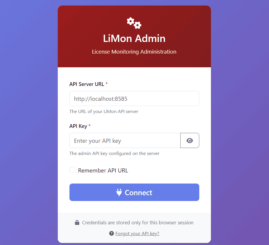 LiMon Admin login screen with API server URL and API key fields