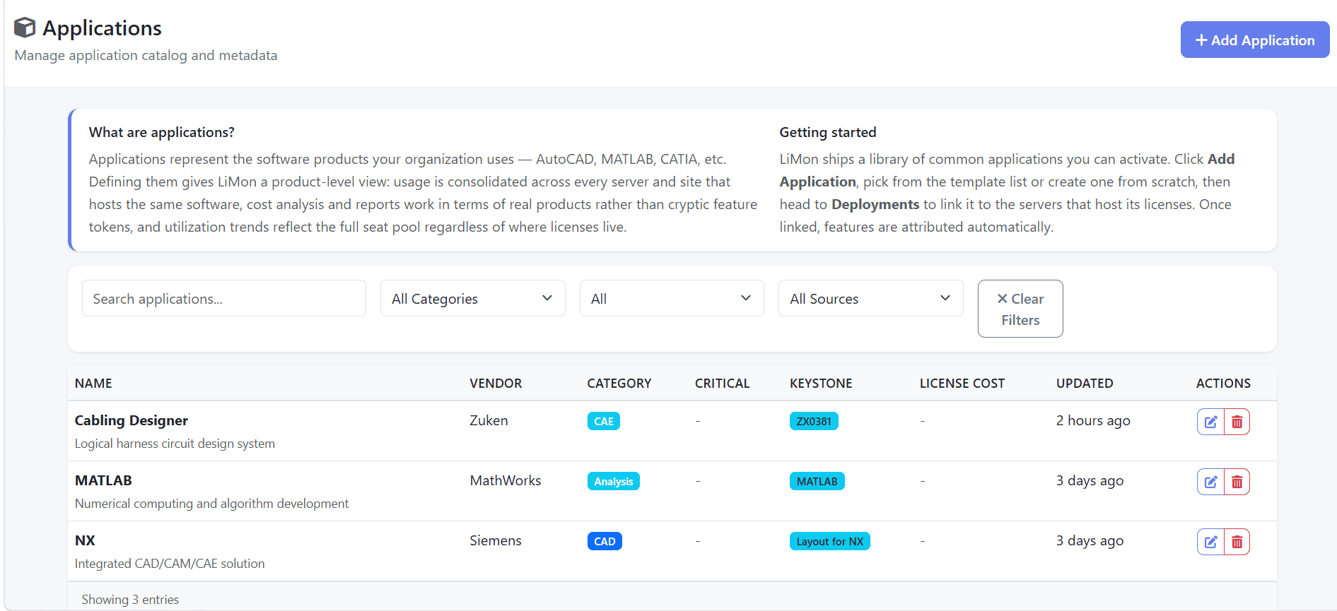 LiMon Admin applications page with application catalog filters and rows