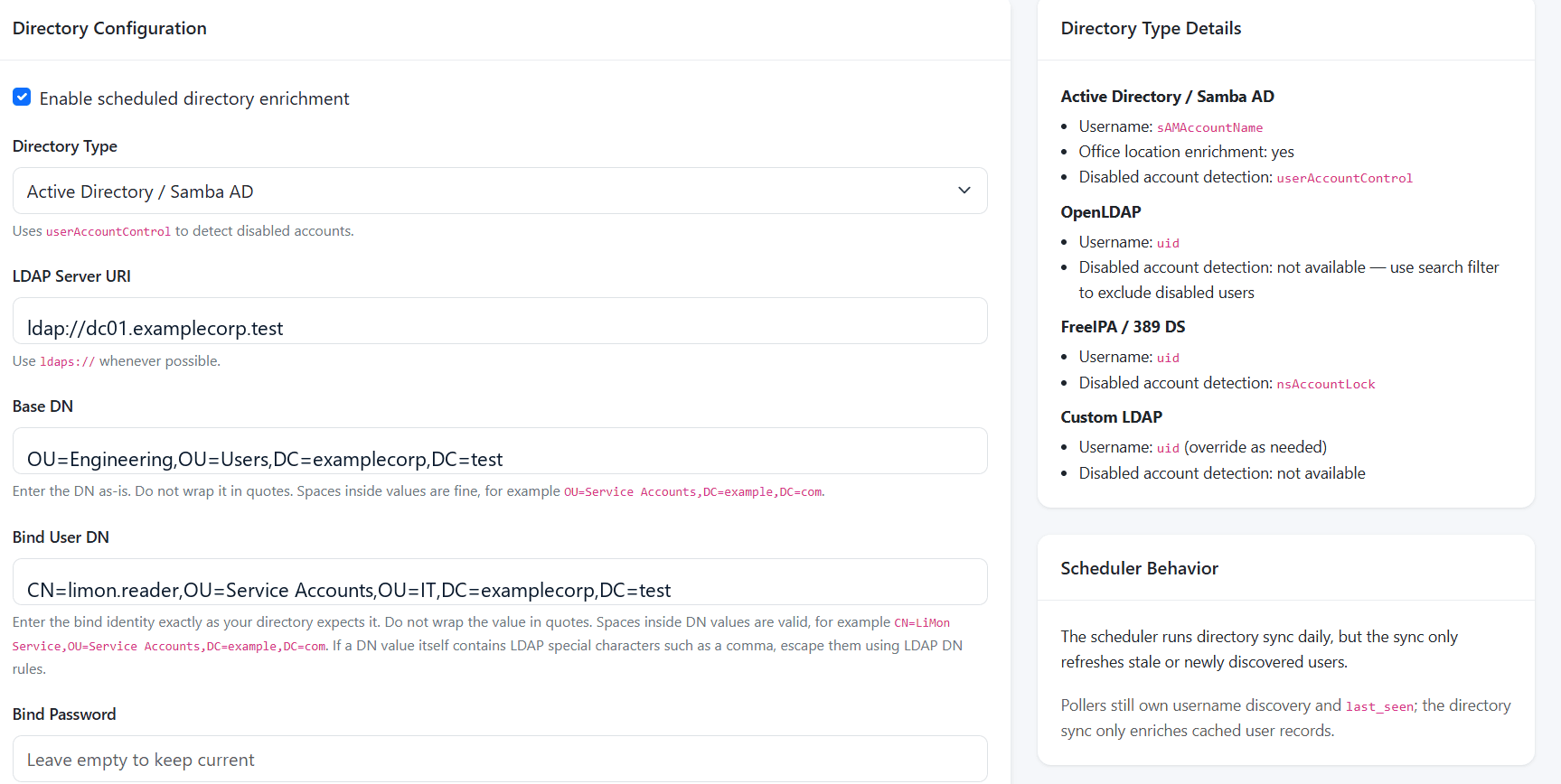 LiMon Admin directory configuration form with Active Directory and LDAP settings