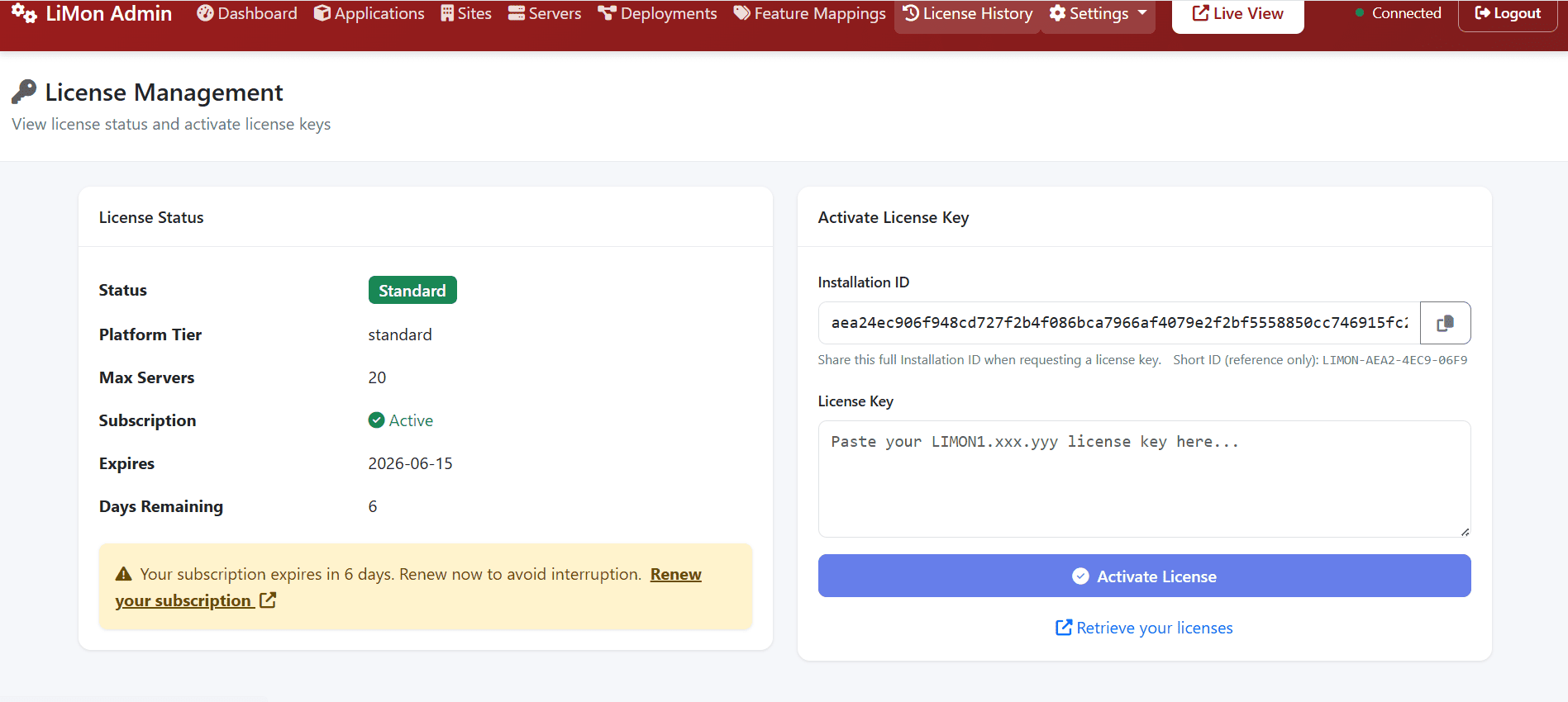 LiMon Admin license management screen with license status, subscription expiration, installation ID, and activation field