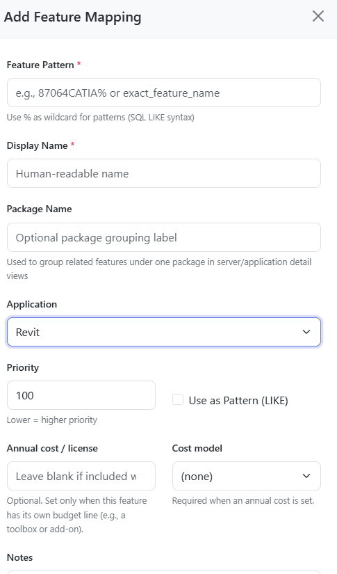 LiMon Admin add feature mapping drawer with pattern, display name, package, application, priority, cost, and notes fields