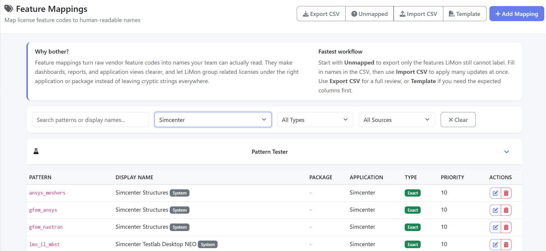 LiMon Admin feature mappings page with CSV export, unmapped export, import, template, filters, and mapping rows
