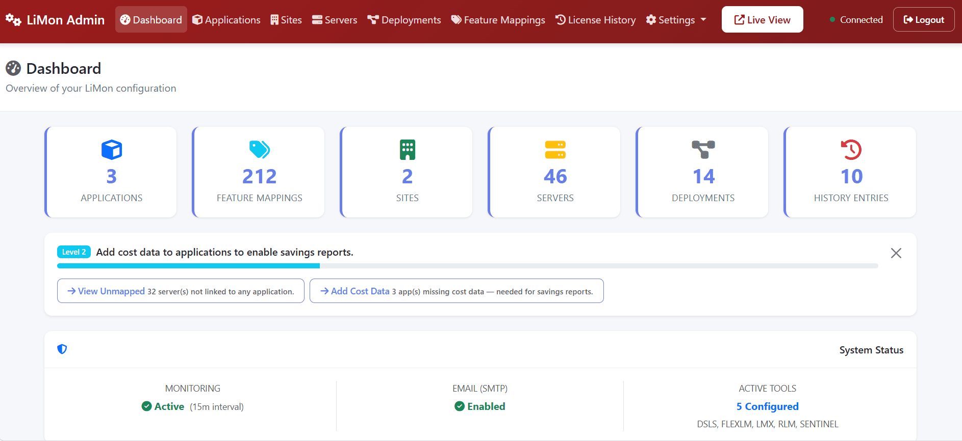 LiMon Admin dashboard with navigation, configuration counters, onboarding guidance, and system status