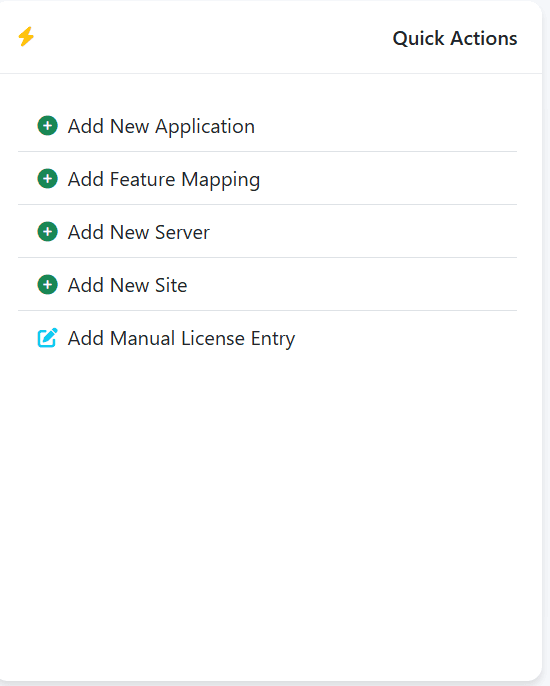 LiMon Admin quick actions panel for adding applications, mappings, servers, sites, and manual license entries