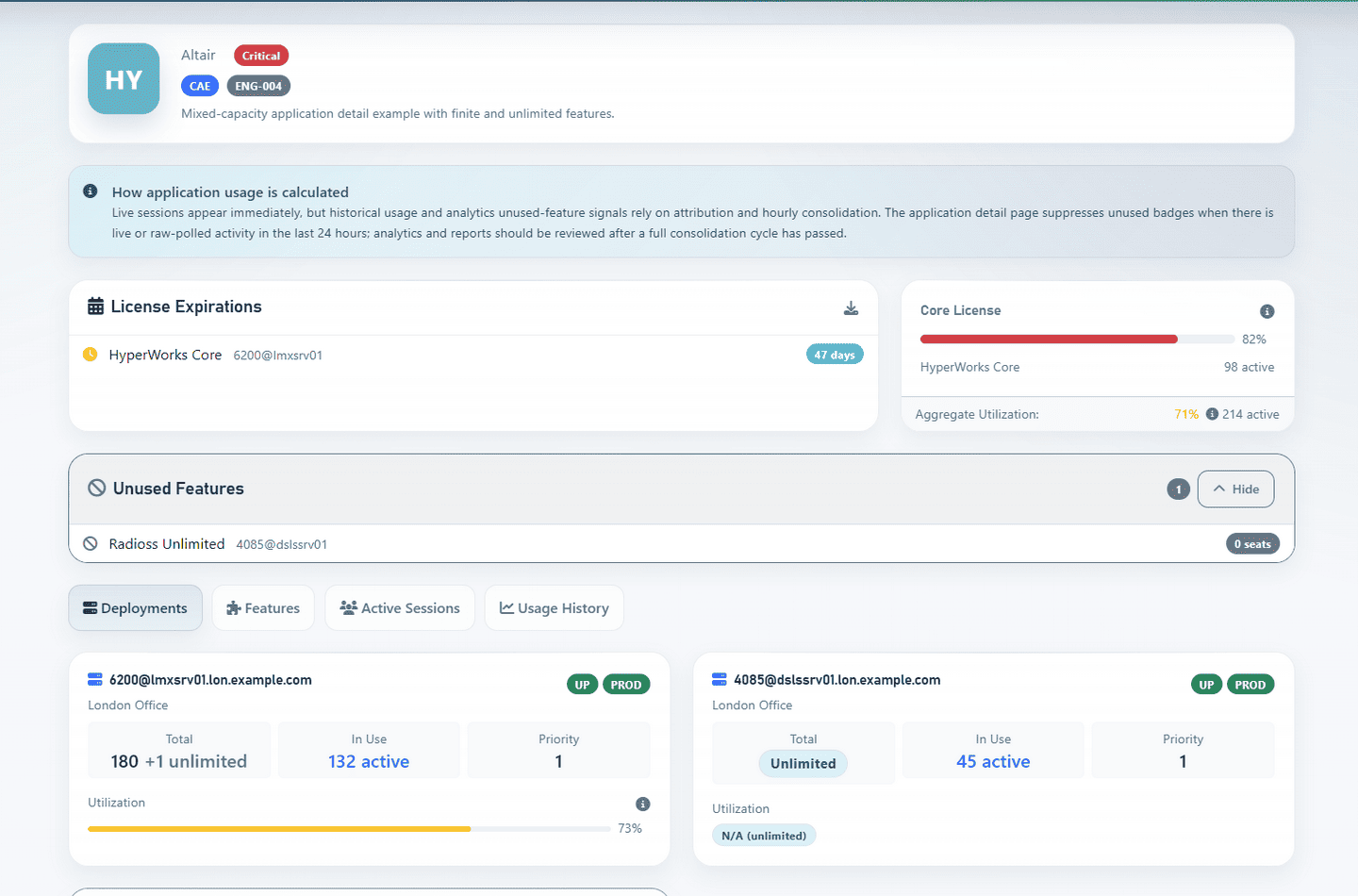 Application detail page showing product-level license usage and deployment information