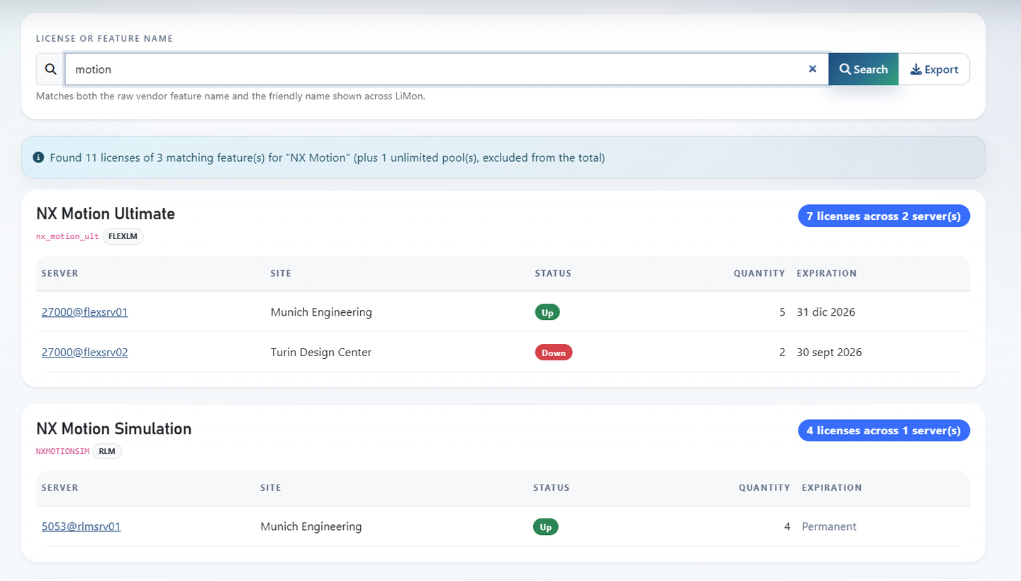Find a License page for searching monitored license inventory