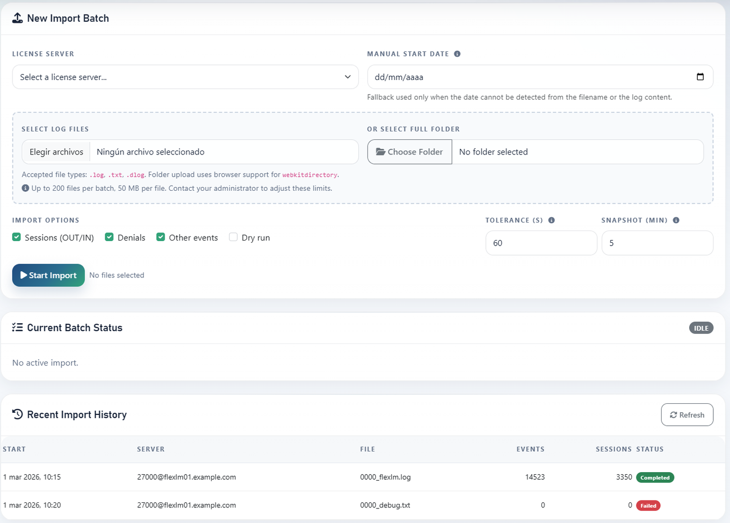 Log import page for uploading DSLS, FlexLM, RLM, LM-X, or generic logs