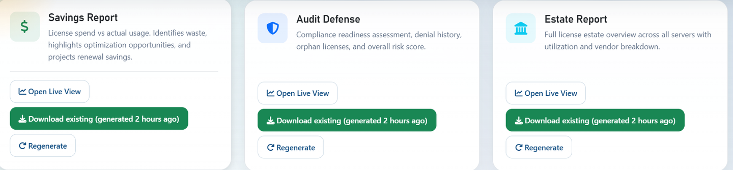 Savings, Audit Defense, and Estate report cards offering Open Live View, Download existing, and Regenerate