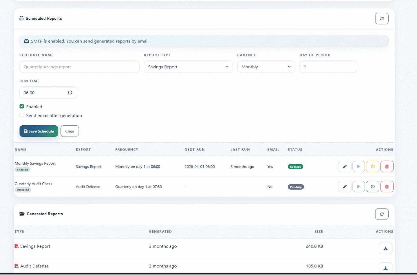 LiMon report schedules page showing configured report schedules and scheduling controls