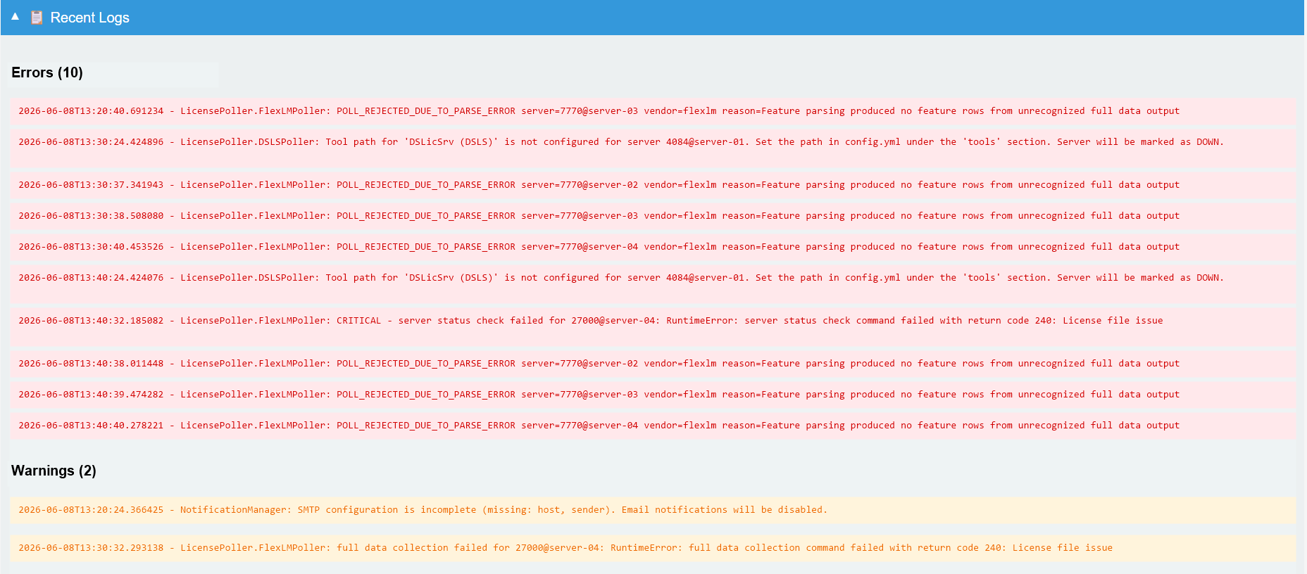 LiMon Live View recent logs with anonymized server names