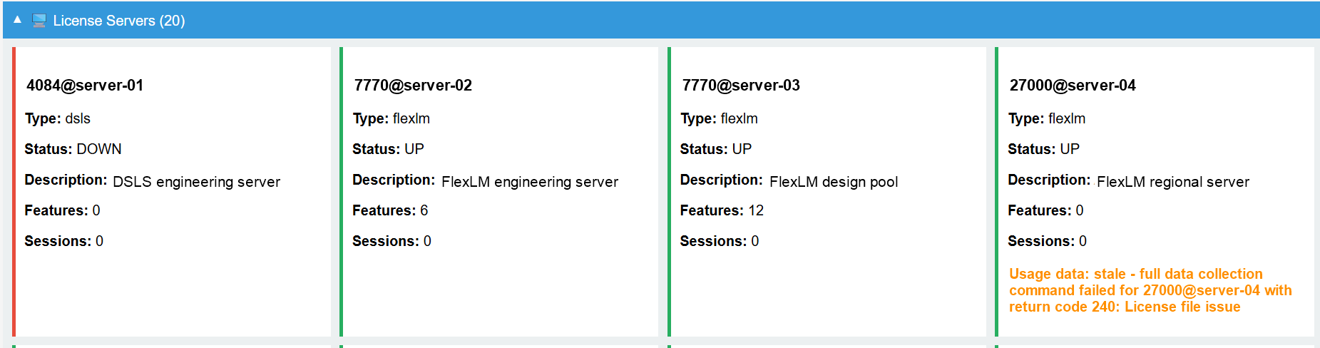 LiMon Live View license server cards with anonymized server names