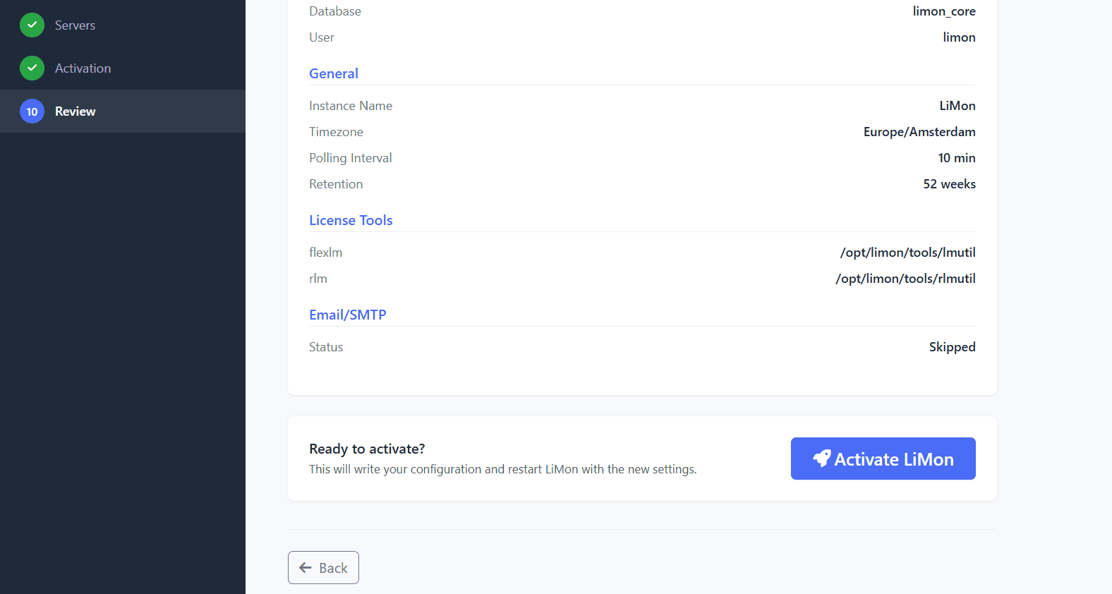 LiMon setup wizard Activate LiMon confirmation button