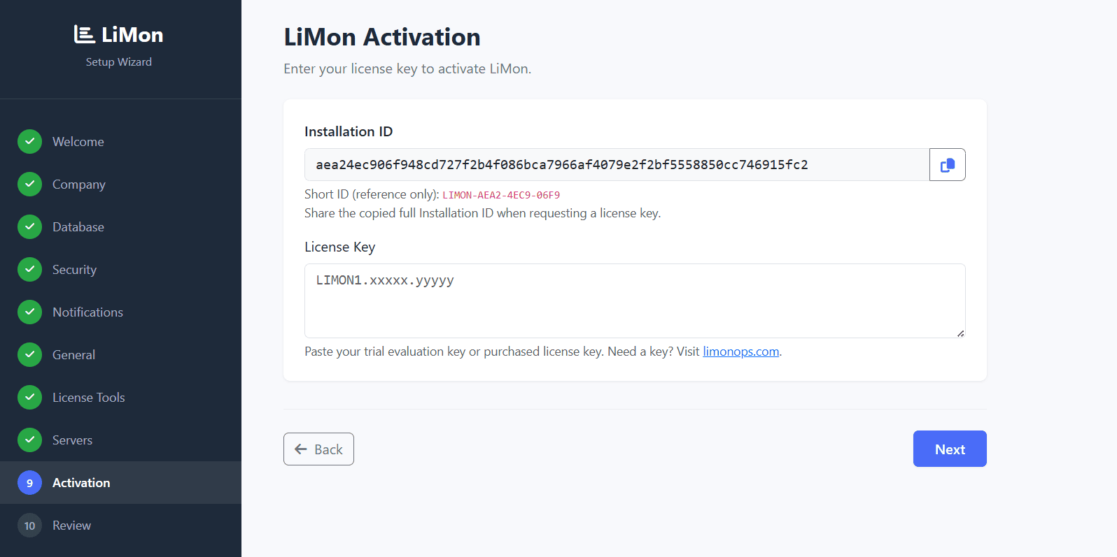 LiMon setup wizard activation screen with installation ID and license key field