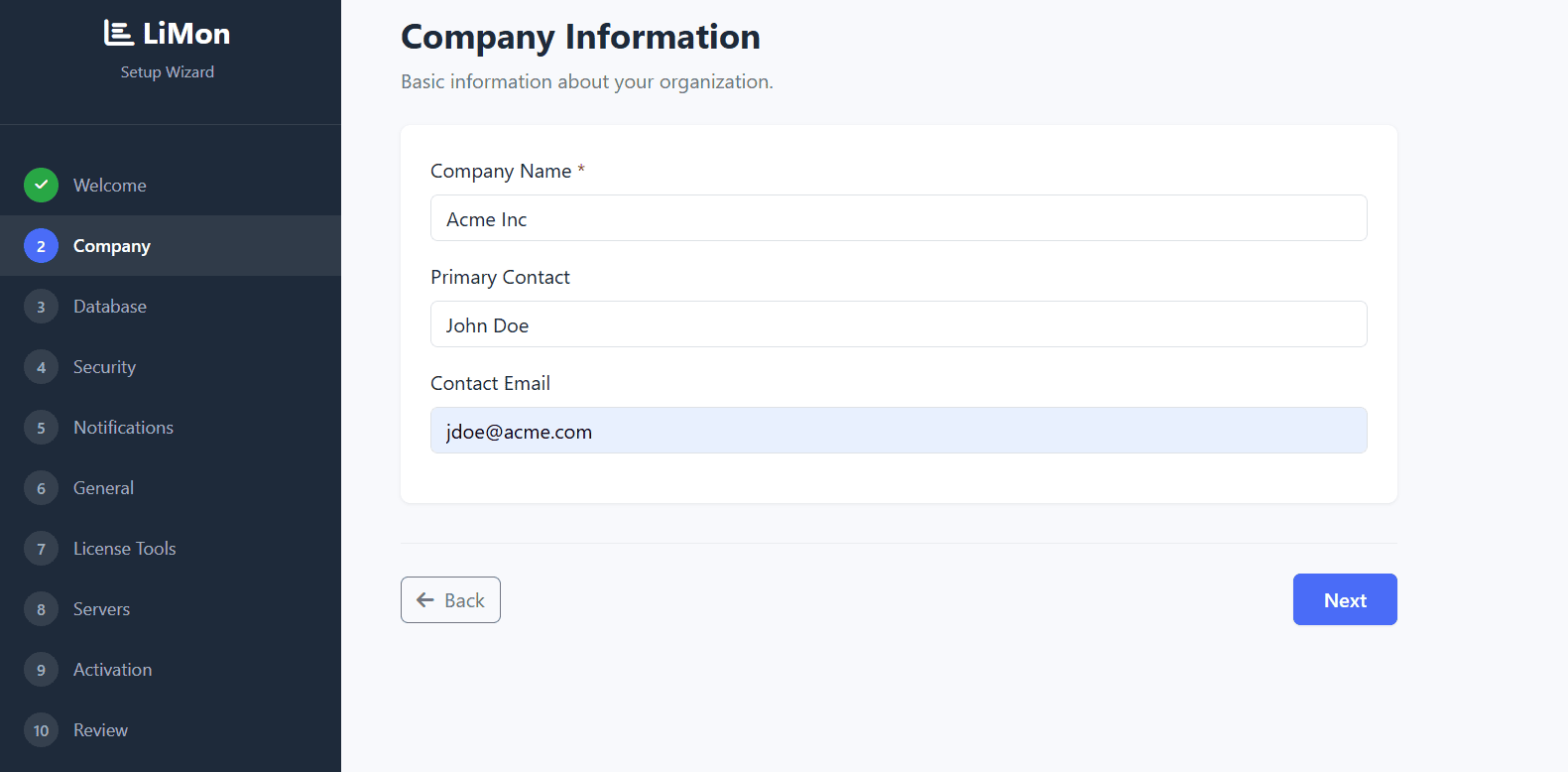 LiMon setup wizard company information form