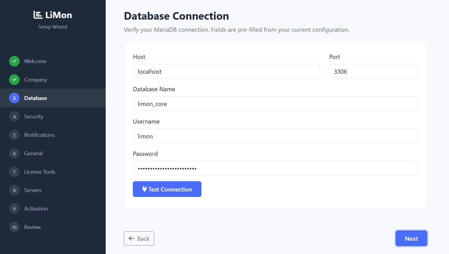 LiMon setup wizard MariaDB connection settings
