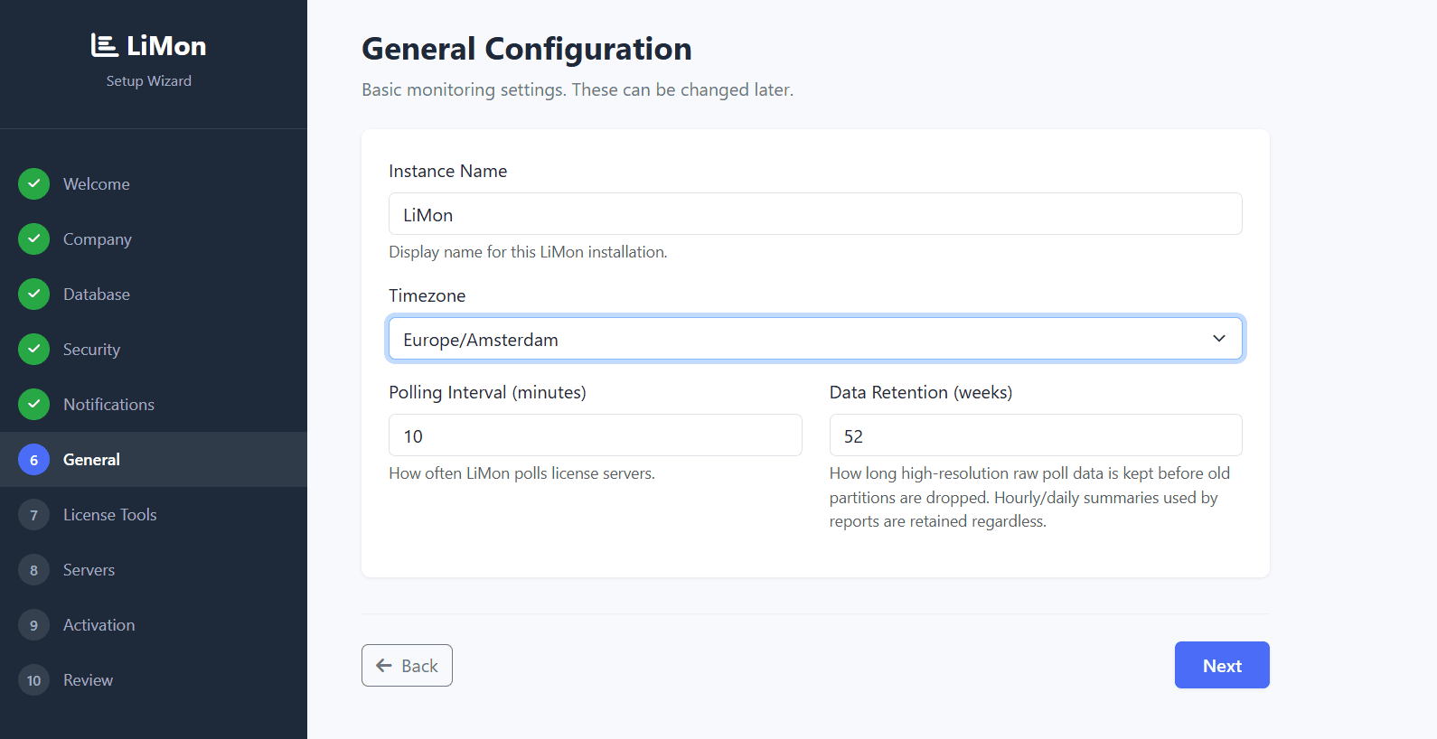 LiMon setup wizard general configuration settings