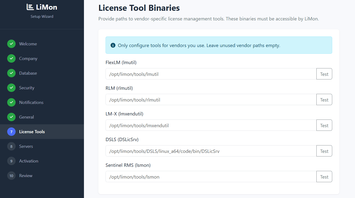 LiMon setup wizard license tool binary path settings