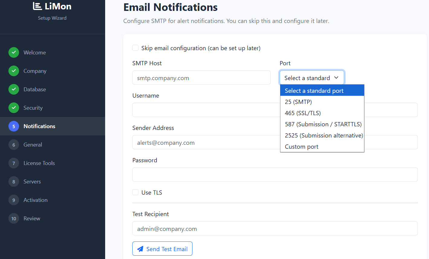 LiMon setup wizard email notification SMTP settings