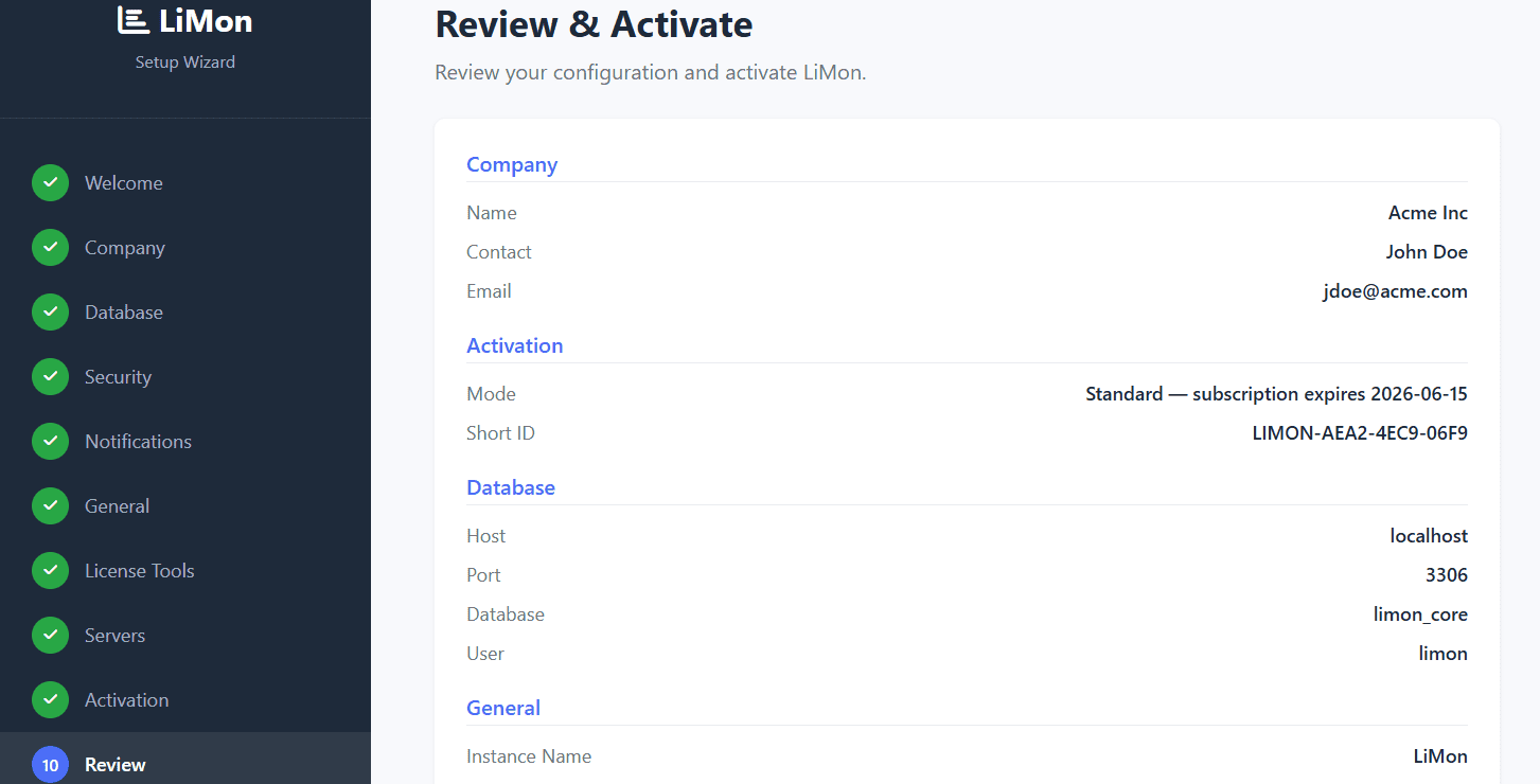 LiMon setup wizard review screen showing company, activation, database, and general settings