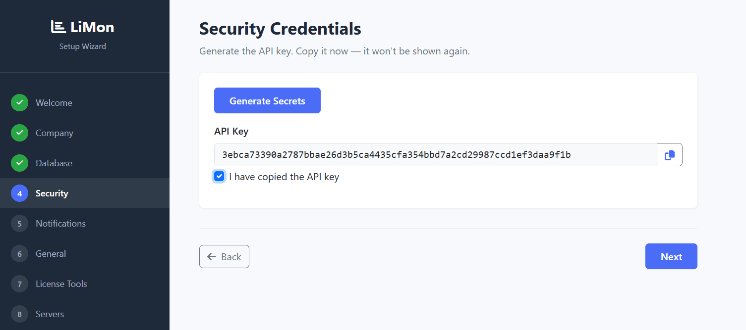LiMon setup wizard generated API key