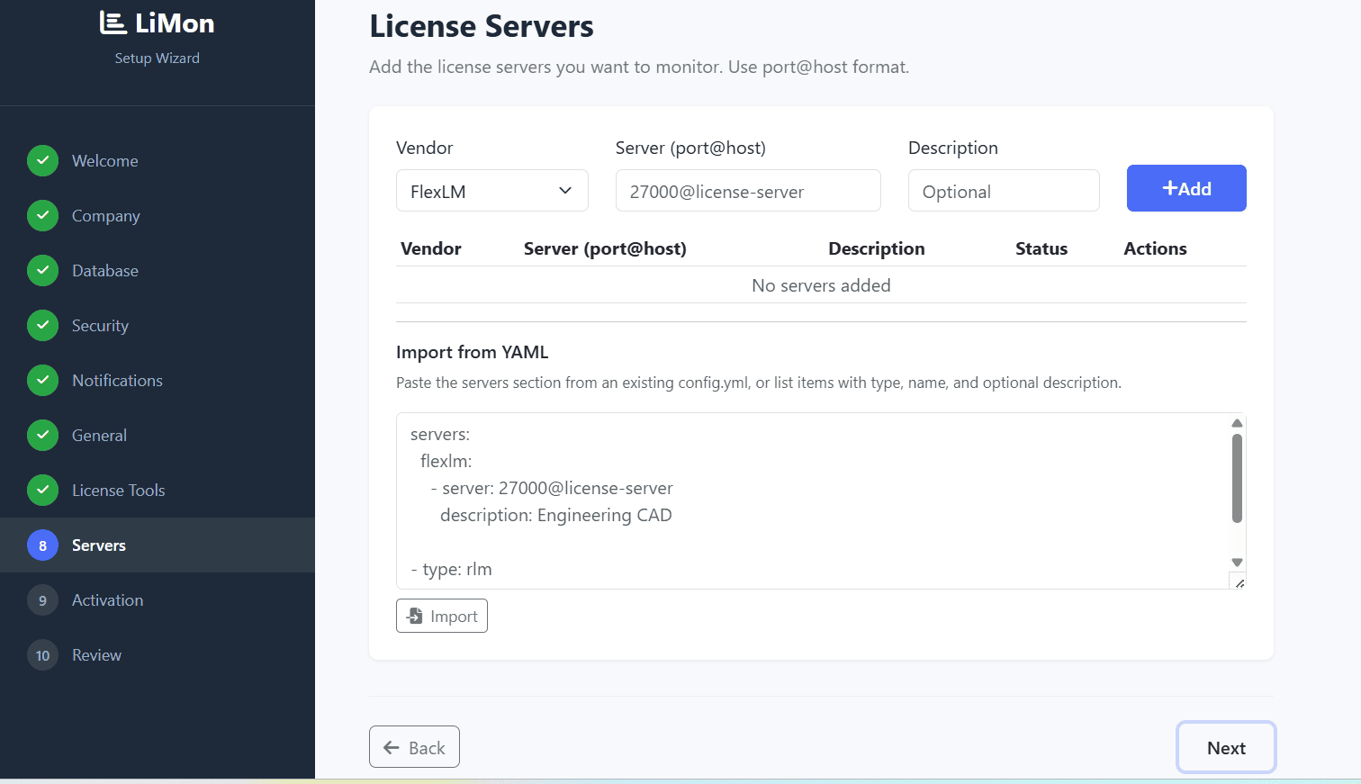 LiMon setup wizard license server add and YAML import screen