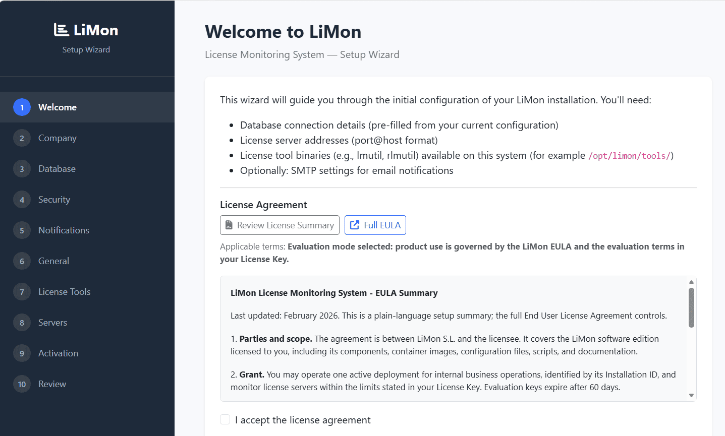 LiMon setup wizard welcome screen with license agreement acceptance